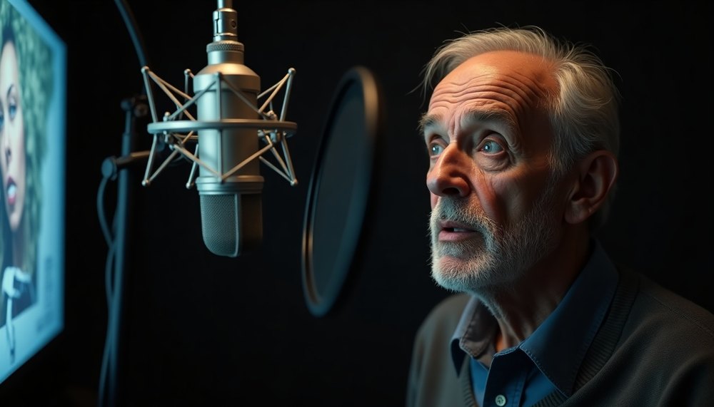 Comédien de doublage au micro, face à l'image, dans le studio de Paris 20ᵉ