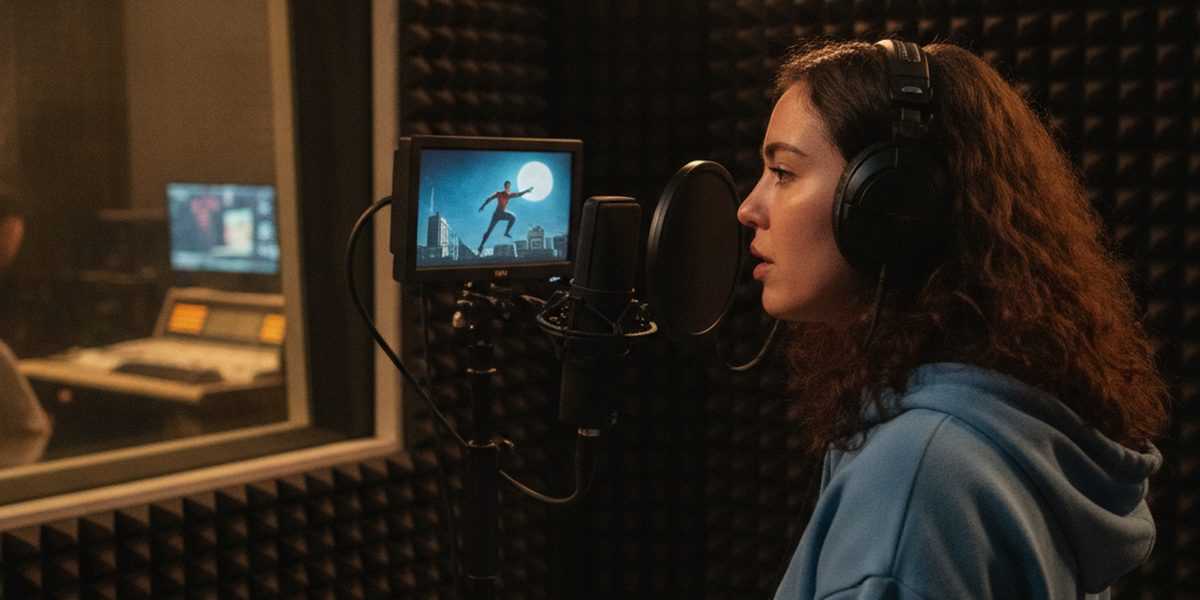 Doublage sur image : comédienne au micro face à l'écran, studio à Paris