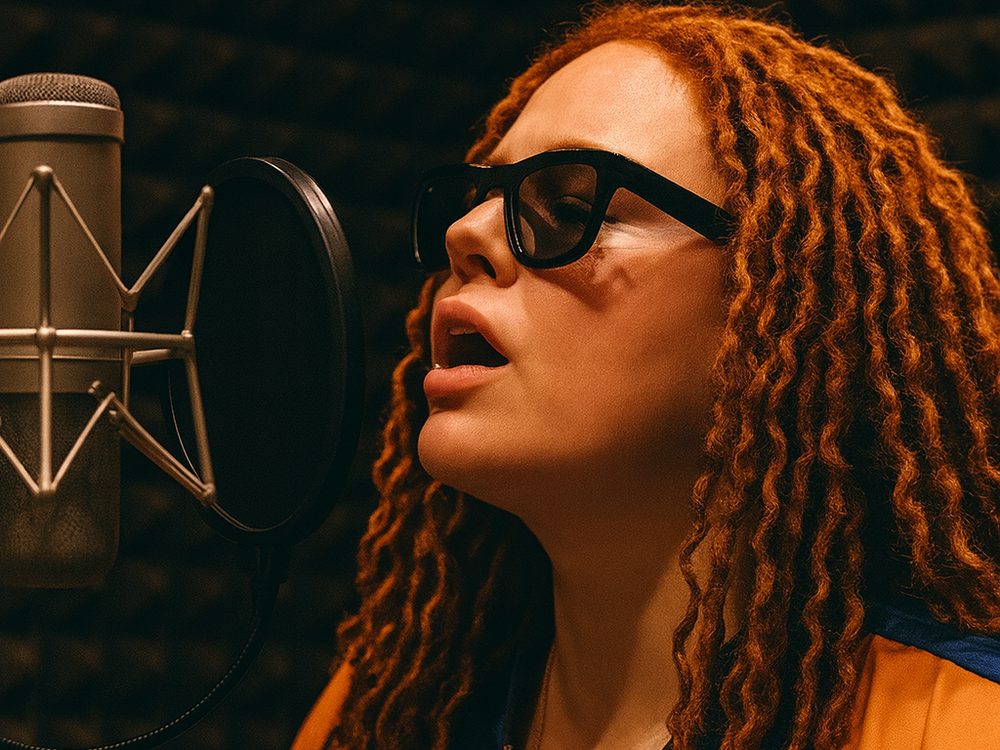 Chanteuse en cabine devant le micro, studio d'enregistrement à Paris