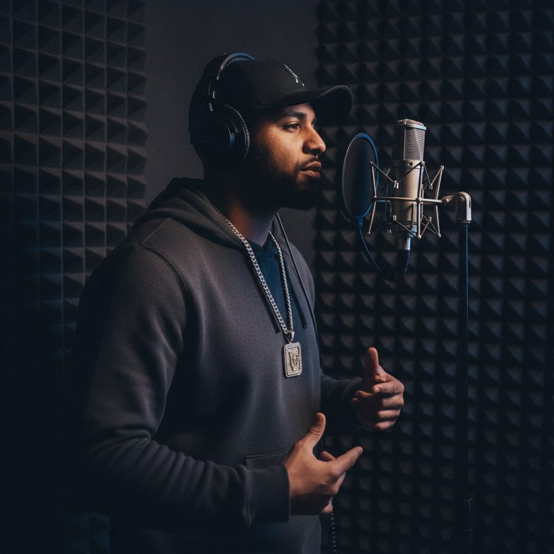 Rappeur au micro en cabine, studio d'enregistrement à Paris