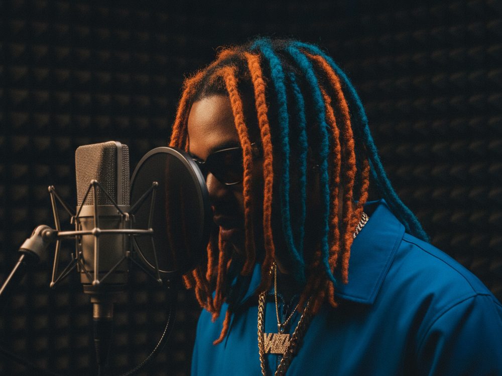 Rappeur au micro dans la cabine traitée du studio, Paris 20ᵉ